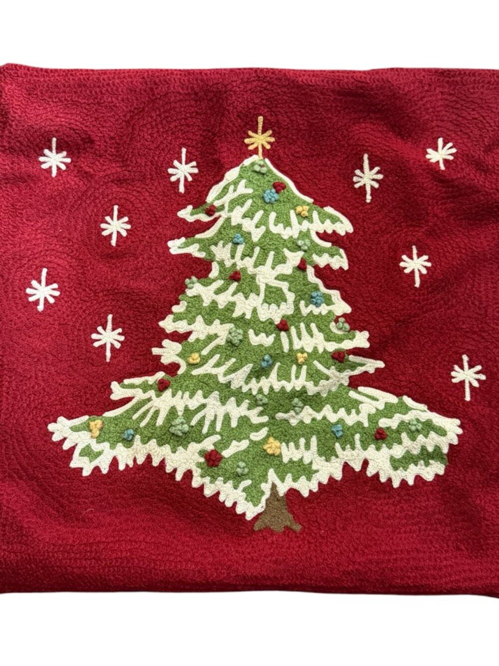 Potterybarn Christmas Tree Pillow Cover Red Green Crewel Embroidered 18X18 - Picture 10 of 10